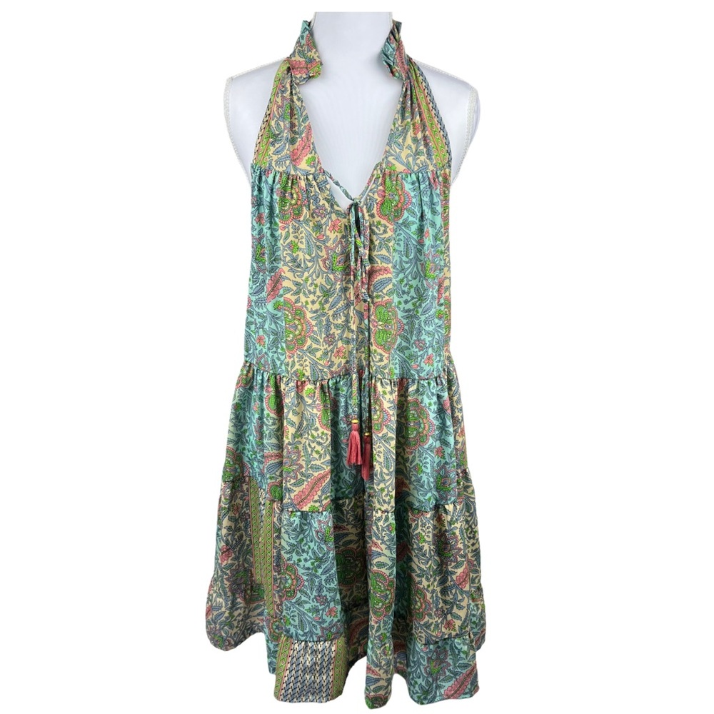 Paani Anthropologie Boho Paisley Halter Tiered Midi Dress Tassel Medium